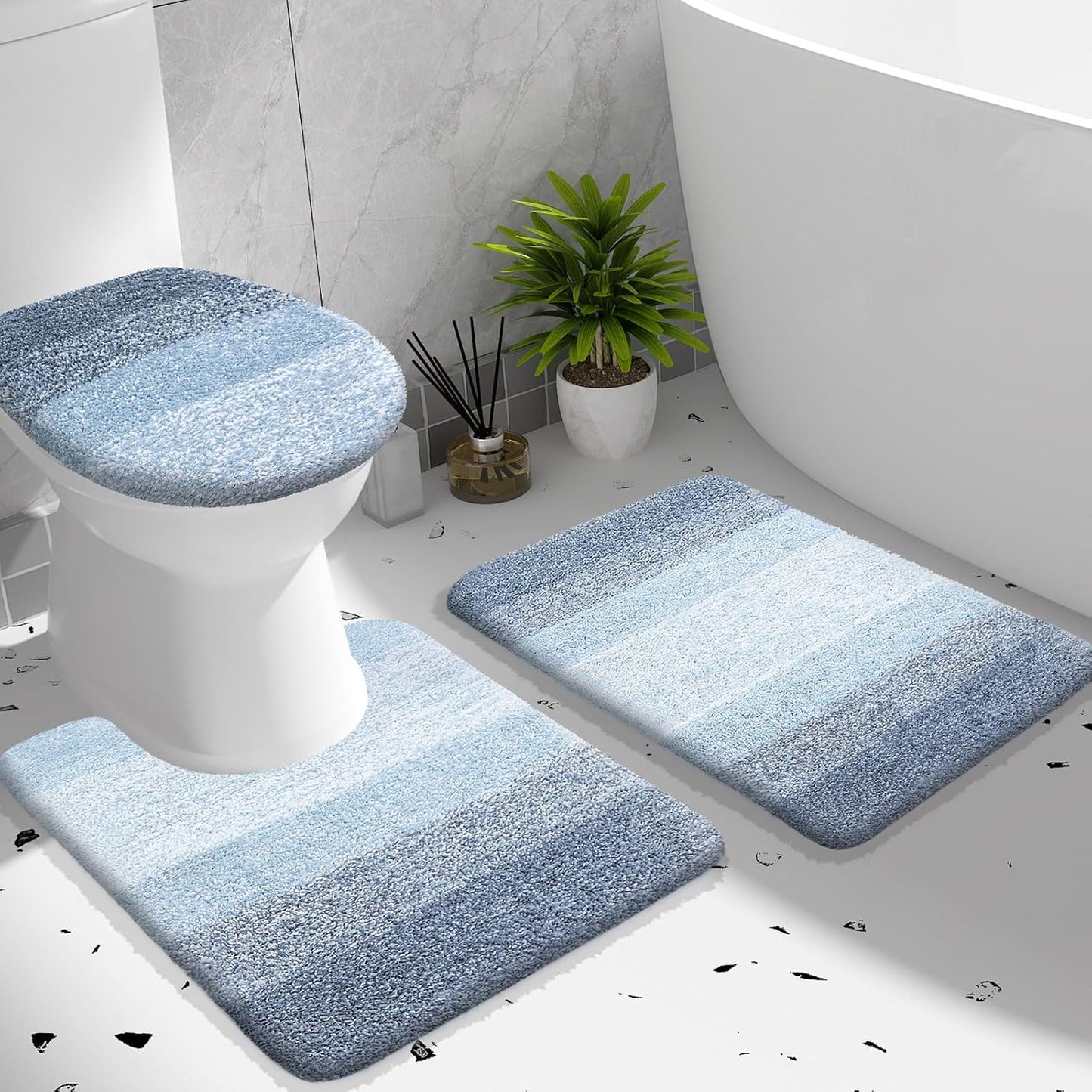 OLANLY Bathroom Rug Set - Soft Microfiber Absorbent Mats | U-Shaped Contour & Toilet Lid Cover - Blue