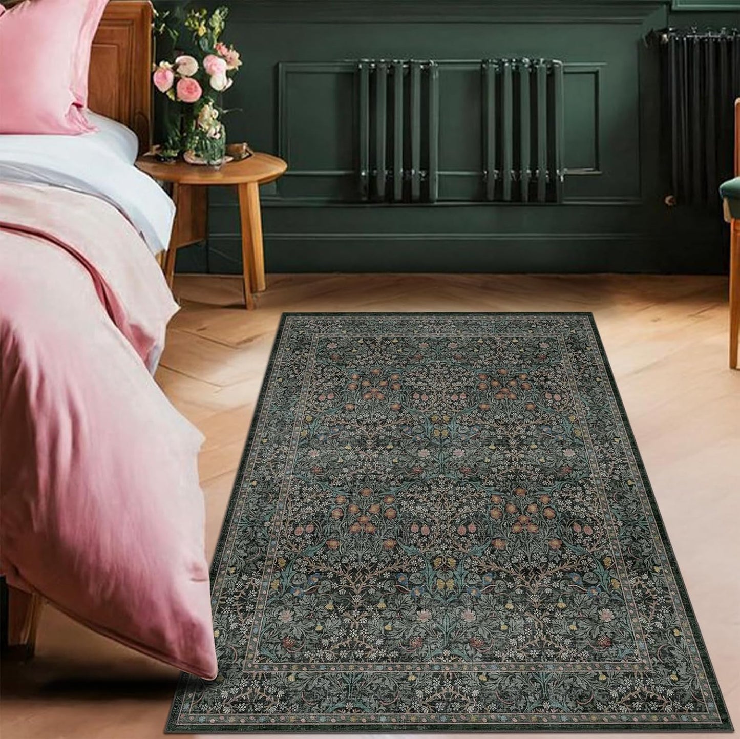 Vintage Floral Area Rug - Dark Green 3x5 Non-Slip, Ultra Soft & Stain Resistant for Entryway, Kitchen, Bedroom