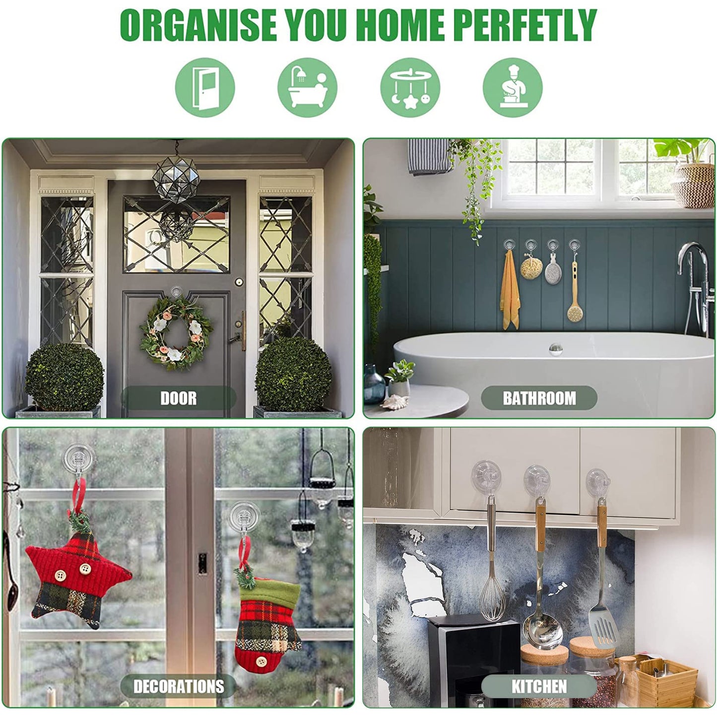 EAMOMORK Suction Cup Hooks for Shower, Large Clear Heavy Duty Suction Cup Hooks, Wreath Hangers for Front Door Window Glass Kitchen Towel Loofah Utensils (4 Packs)