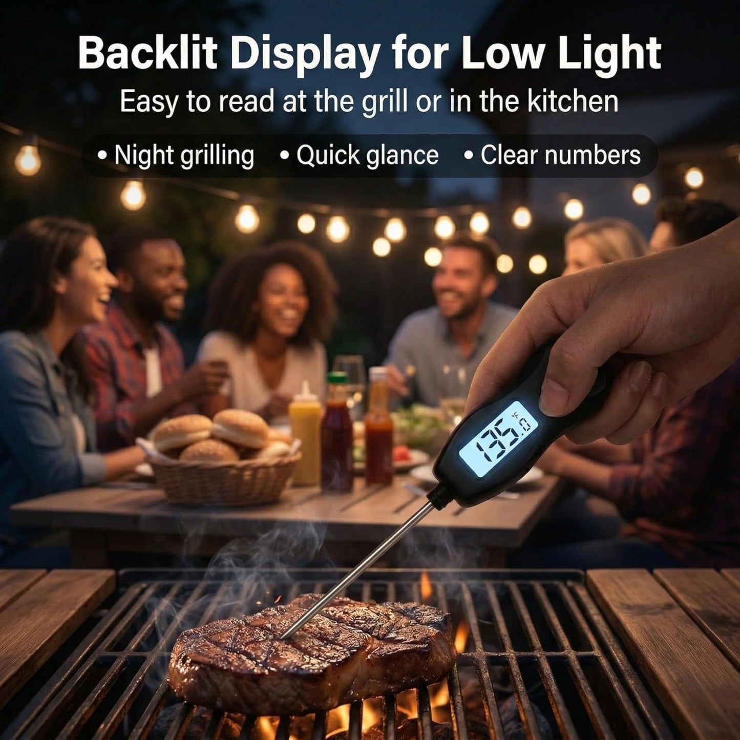 Meat Thermometer Digital - Instant Read Waterproof Cooking Thermometer with Backlight | Black