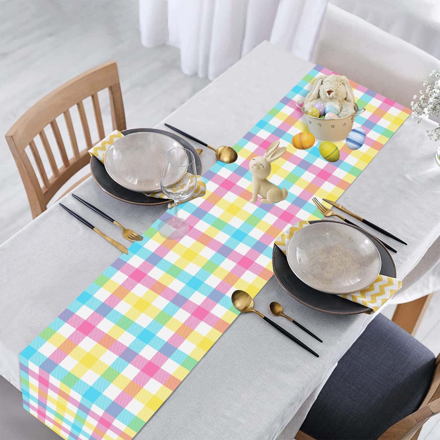 Linen Easter Blue Pink Yellow Buffalo Check Plaid Table Runner 72 Inches Long Spring Summer Holiday Farmhouse Table Decor for Dining Room Kitchen Home Party