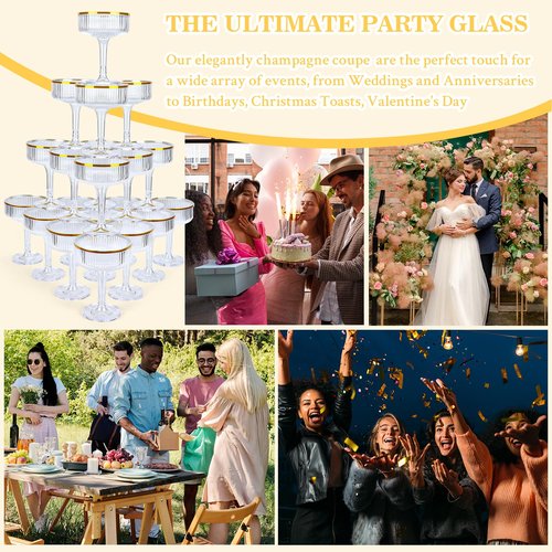 30 Pack Clear Champagne Tower Glasses 7OZ Plastic Martini Glasses Champagne Coupe Glass Cocktail Glass with Gold Rim Champagne Flutes Stackable Stemmed Coupe Glass for Weddings Birthday Party