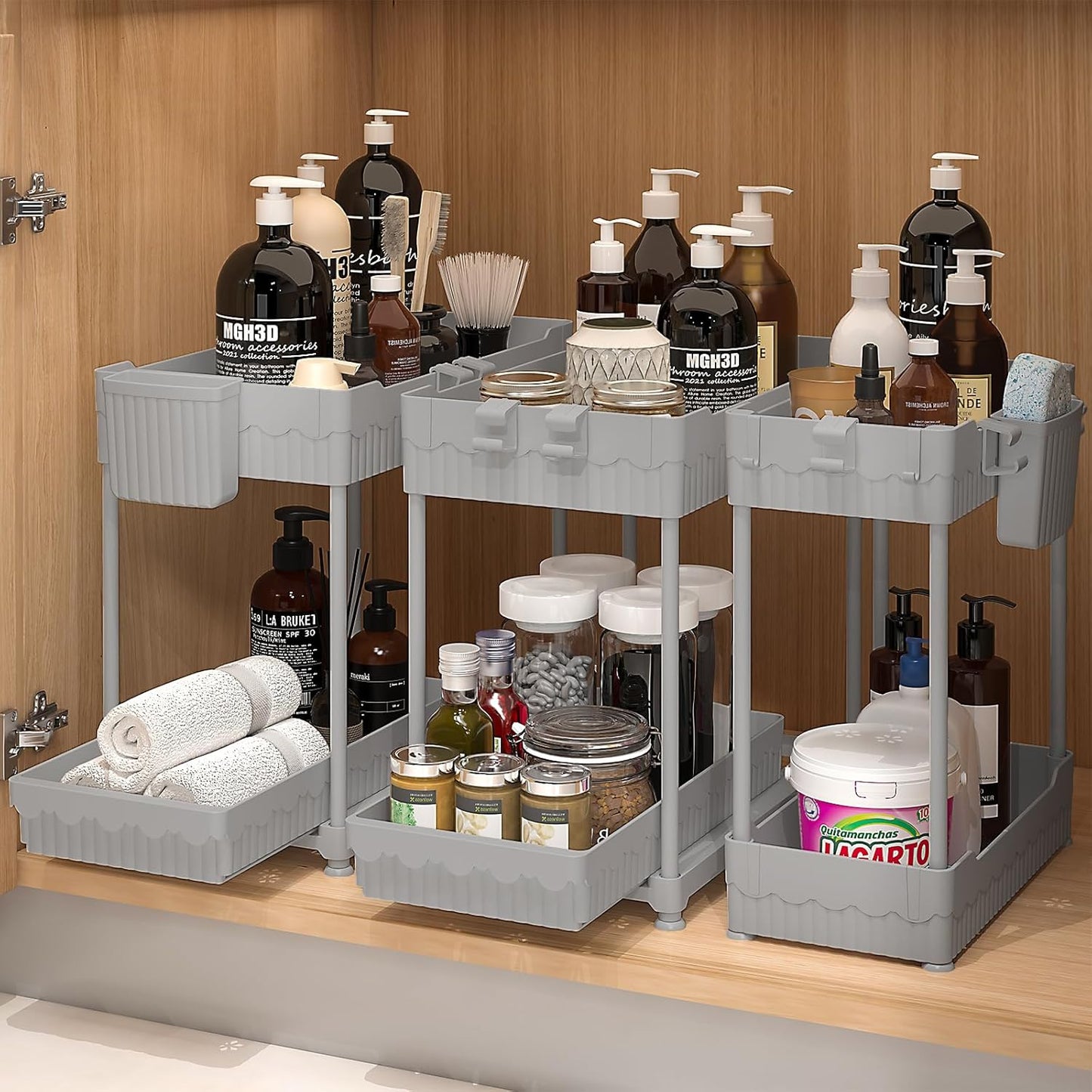 Sevenblue 3-Pack Under Sink Organizers - 2-Tier Kitchen & Bathroom Storage with Sliding Drawers | Gray, 12.8 Inch