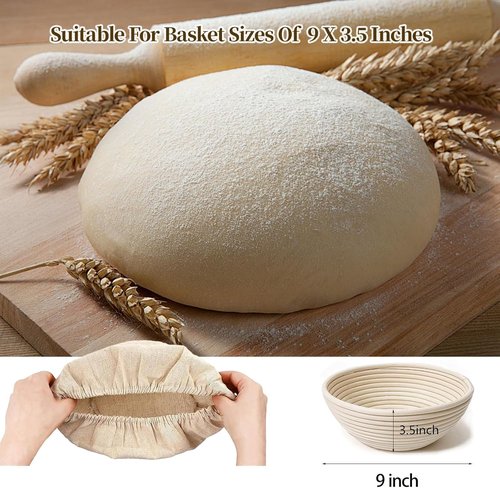Banneton Bread Proofing Basket Set - 9-Inch Round Natural Rattan with 4 Linen Liners | Ideal for Sourdough Baking