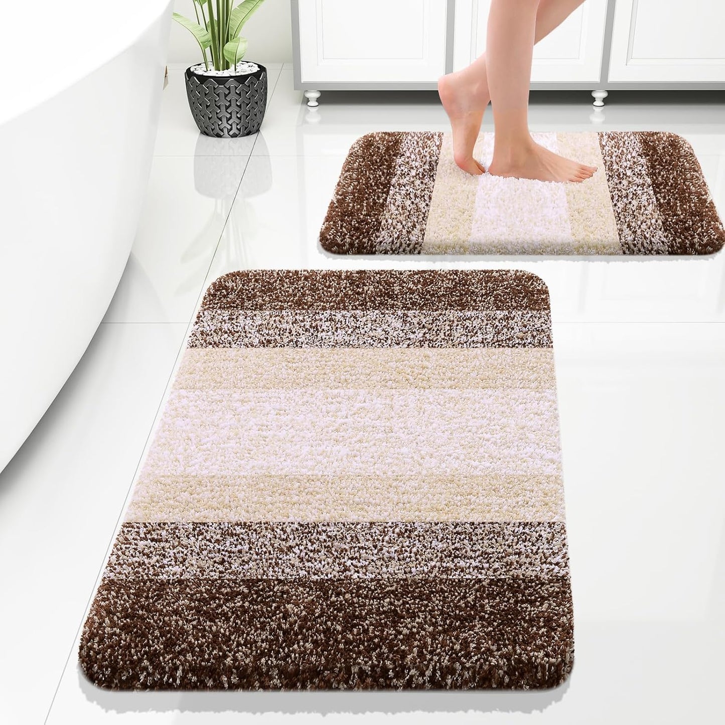 OLANLY Bathroom Rug Set - Soft Absorbent Microfiber Non-Slip Mats | 2-Piece Plush Shaggy Set (Brown)