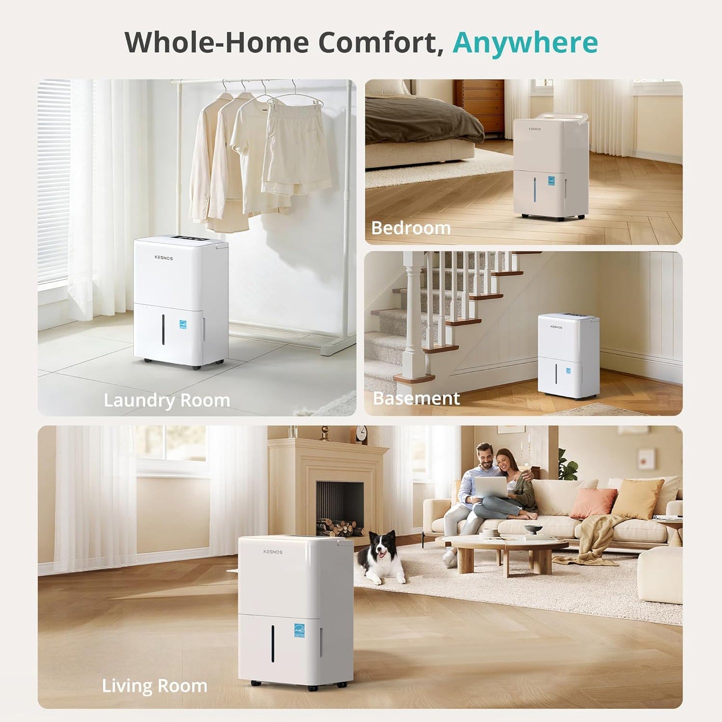 Kesnos Dehumidifier - Energy Star 2025 for Home & Basement | Ultra Quiet 36 dB, 0.39-Gallon Tank, 4 Modes