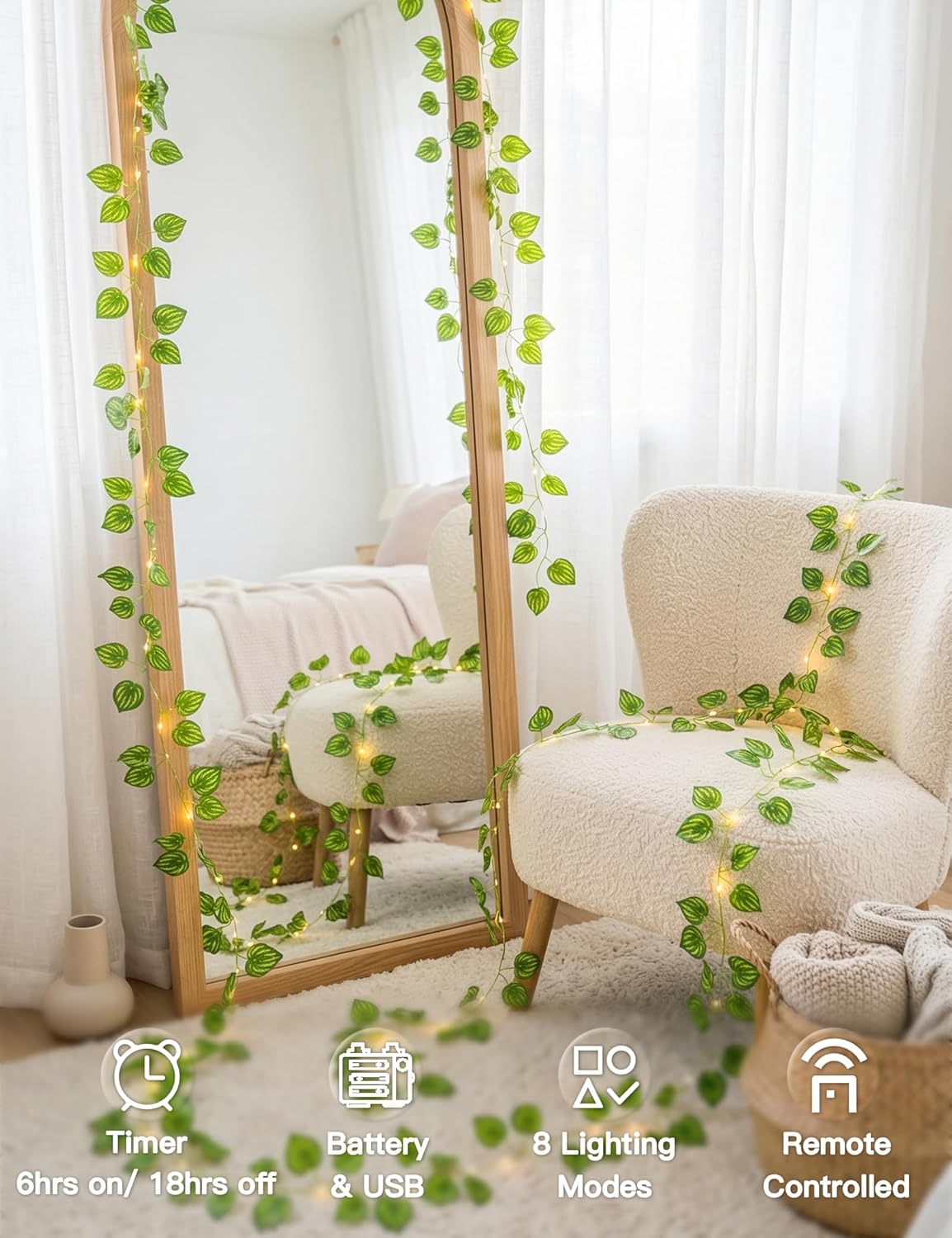 Suddus Vines with Fairy Lights - 33ft 100 LED Watermelon Leaves String Lights | Battery & USB Powered, Remote Control for Indoor Decor