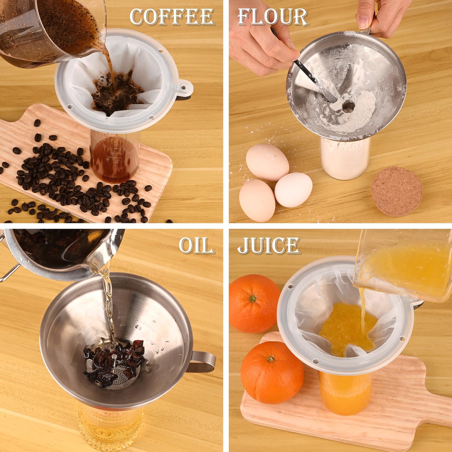 WMKGG 304 Stainless Steel Funnel, 5 Inch Funnels for Kitchen Use Filling Bottles, with 200 Mesh and 100 Mesh Fine Mesh Strainer, for Oils, Juice, Wine, Coffee, Milk, Tea, Powder