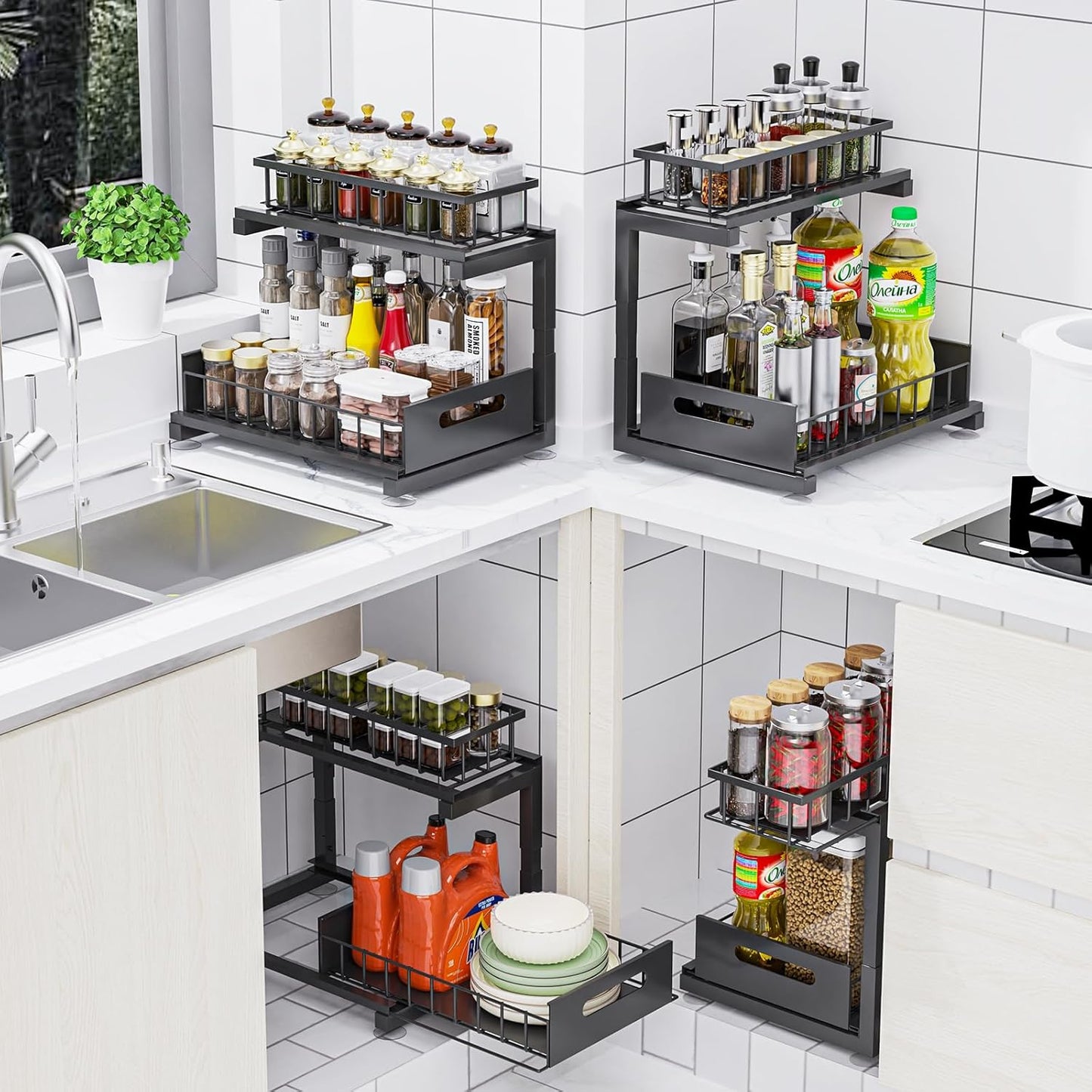 Under Sink Organizer - Skiennix Heavy Duty Metal Pull-Out Cabinet Shelf | Adjustable Multi-Purpose Storage (Black, 1 Pack)