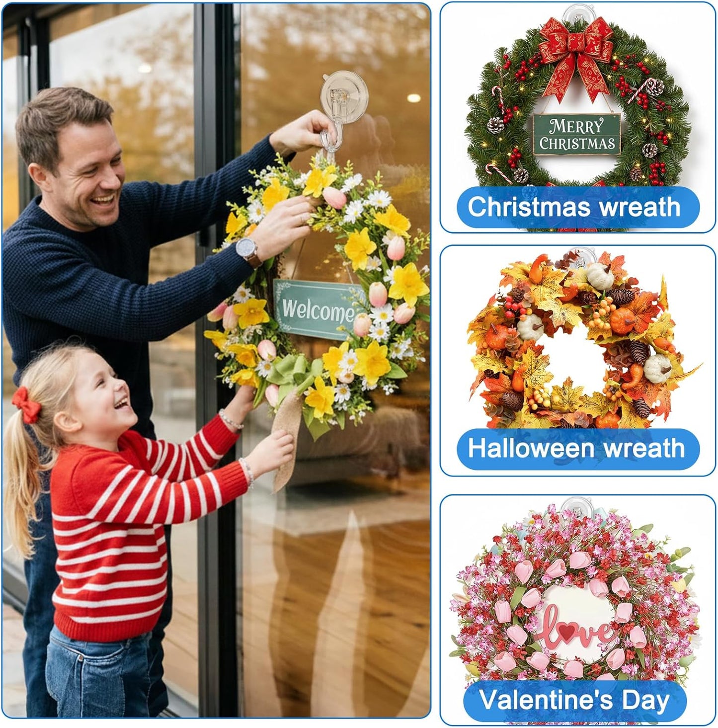 Skiennix Suction Cup Wreath Hangers - 6 Pcs Heavy-Duty Clear Hooks for No-Damage Holiday Decor