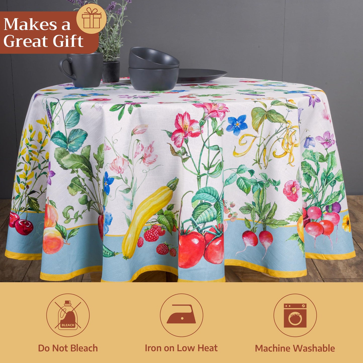 Maison d' Hermine Table Cloth Round Table 100% Cotton 63 Round Inches Tablecloth Reusable Decorative for Dining Kitchen Room Farmhouse Home Gifts for Mothers Day Spring Summer - Giverny
