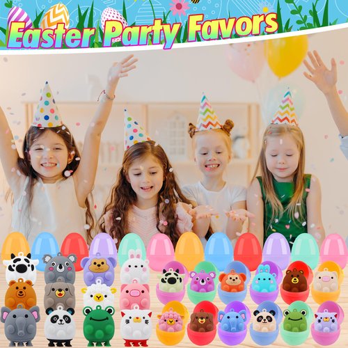 24 Pack Prefilled Easter Eggs with Animal Pop Toys, Filled Easter Eggs for Egg Hunt, Easter Basket Stuffers for Kids,Easter Party Favors Prizes, Prefilled Easter Egg with Toys