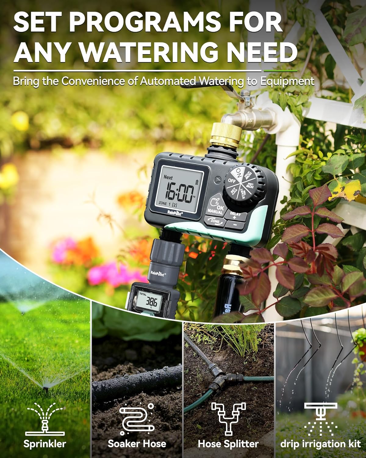 RAINPOINT Water Timer for Garden Hose - Programmable Sprinkler Timer with Brass Swivel | 2 Outlets for Automatic Irrigation