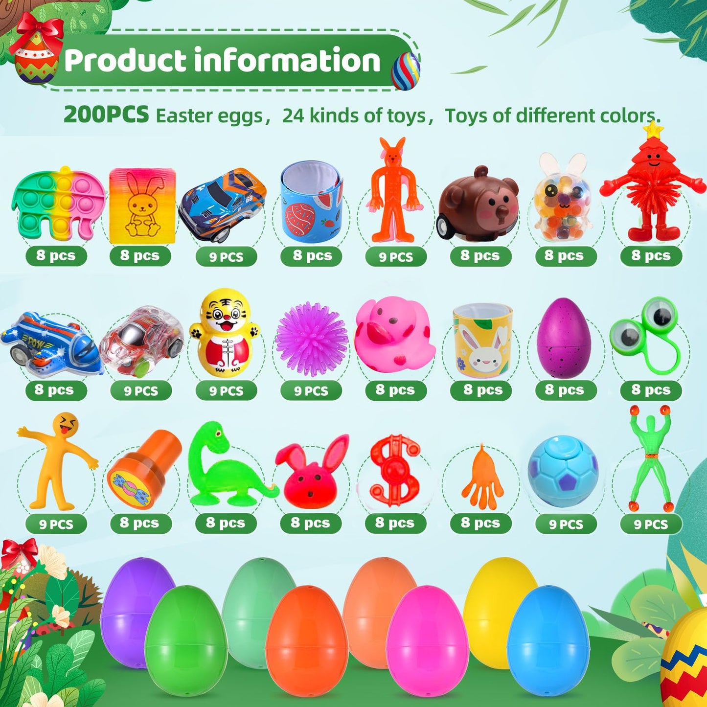 Cherislpy 200 Pack Prefilled Easter Eggs with Mini Novelty Squishy Fidget Toys Inside Assorted Toys Great for Kids Girls Boys Easter Party Favors Basket Stuffers Eggs Fillers