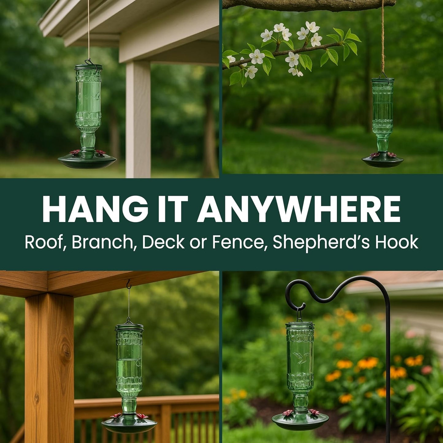 Perky-Pet Hummingbird Feeder - Durable Glass Bottle with 10 Fl Oz Nectar Capacity | Antique Green Design for Outdoor Garden Decor