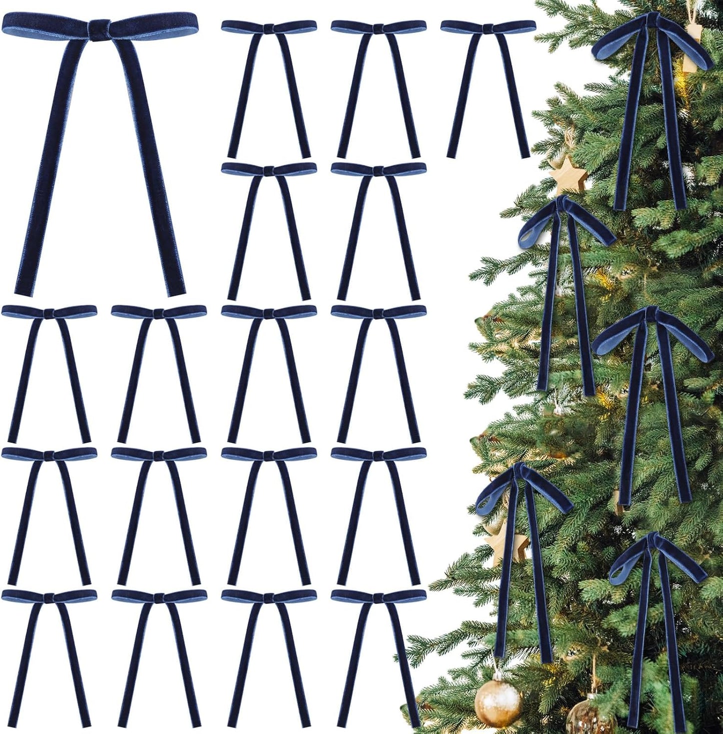 Skiennix Velvet Bows - 24 Pcs Vintage Ribbon for Christmas Tree & Crafts | Navy Blue, 5x7 Inch