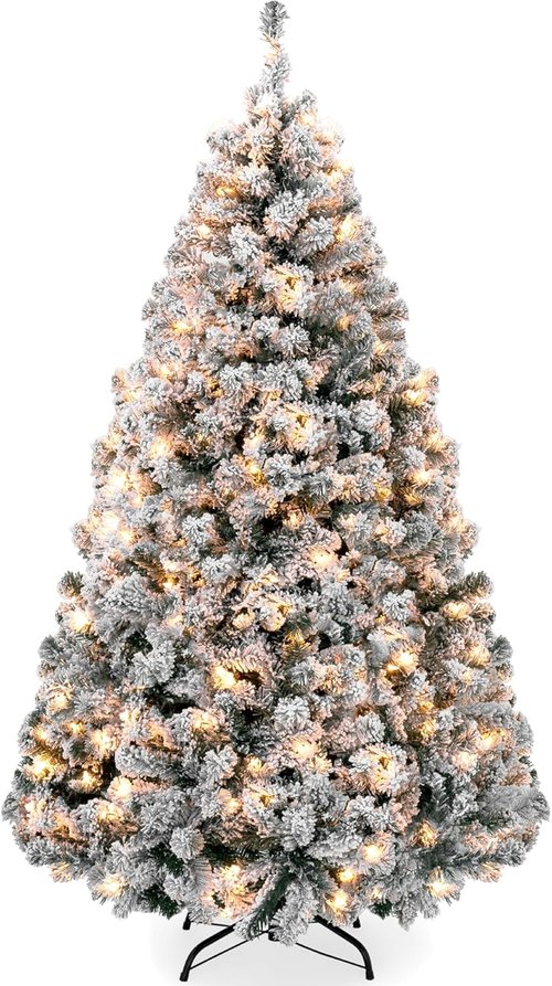 Best Choice Products Pre-Lit Artificial Christmas Tree - 4.5ft Snow Flocked Pine Design with Easy Assembly & Metal Stand