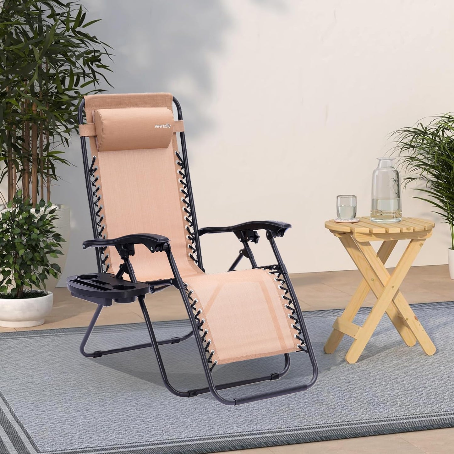 SereneLife Zero Gravity Lounge Chairs 2-Pack - Adjustable Folding Recliners with Cup Holder & Side Table - Cream for Patio, Lawn & Garden