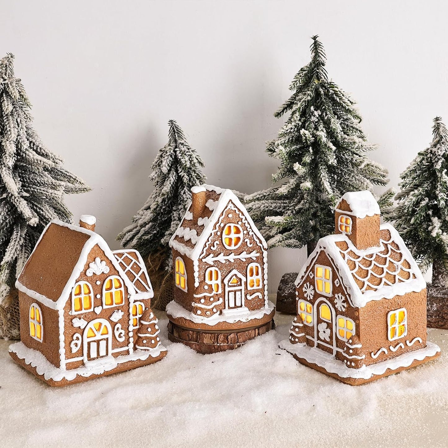 Skiennix Light-Up Gingerbread House Christmas Decorations | 3-Piece Collectible Figurines with LED Lights