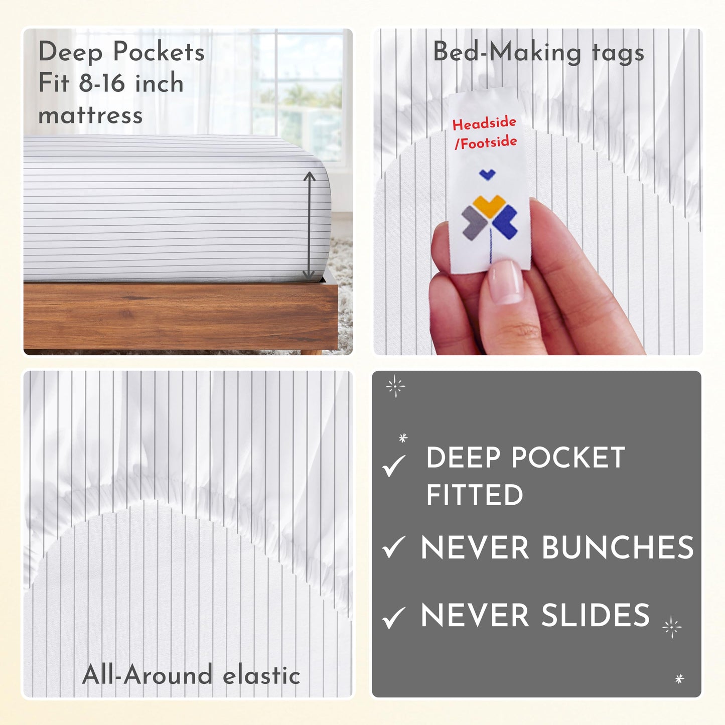 California Design Den Queen Sheet Set - 400 Thread Count Sateen, Natural 100% Cotton Sheet Set Queen Size, Deep Pocket Cooling and Durable Bedding - Pinstriped