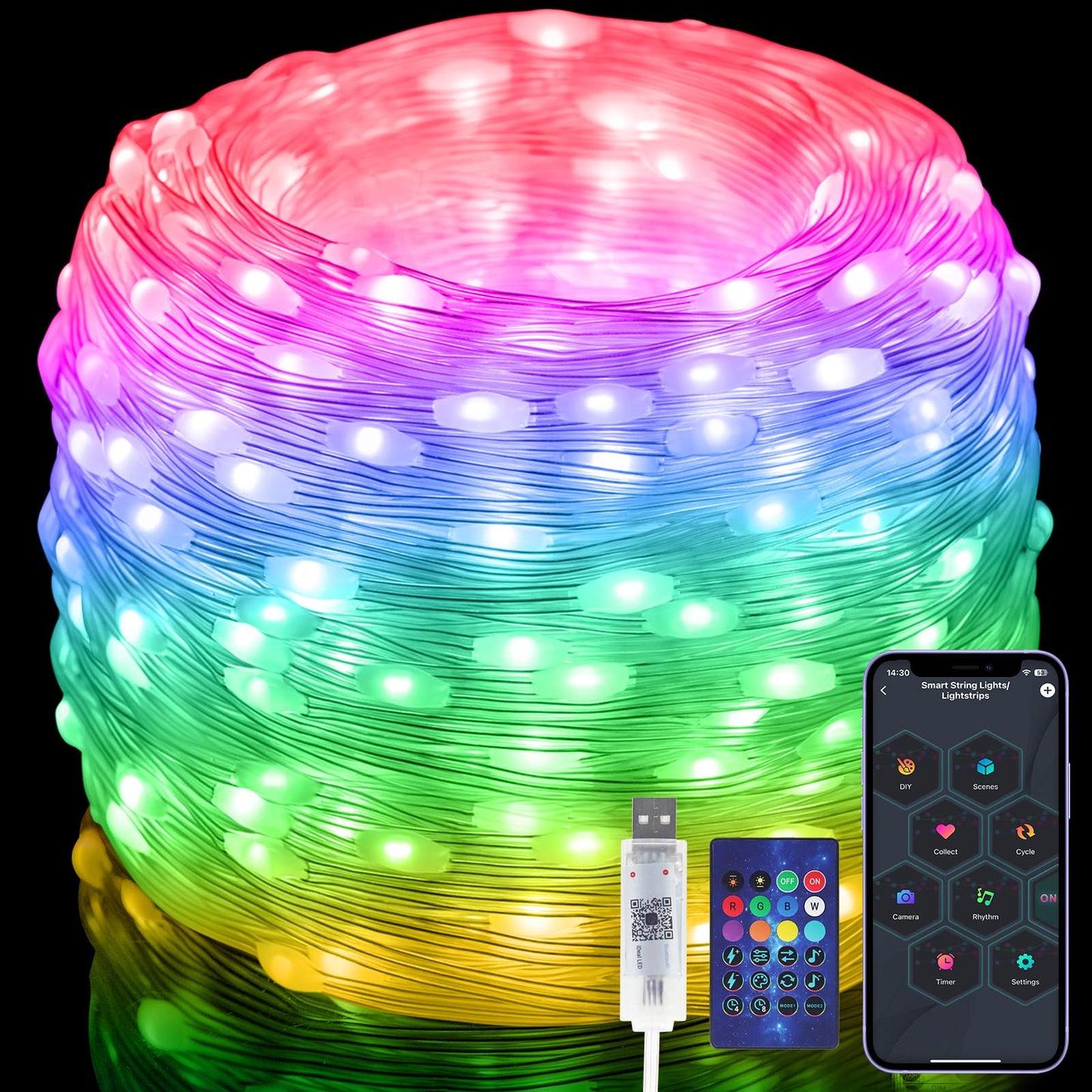 Electight Fairy Lights 66FT/20M, [APP & Remote Control] 200 LEDs RGB Smart IC Multicolor String Lights Indoor, Music/Voice Sync Color Changing, IP65 Waterproof String Lights for Bedroom, Party, DIY