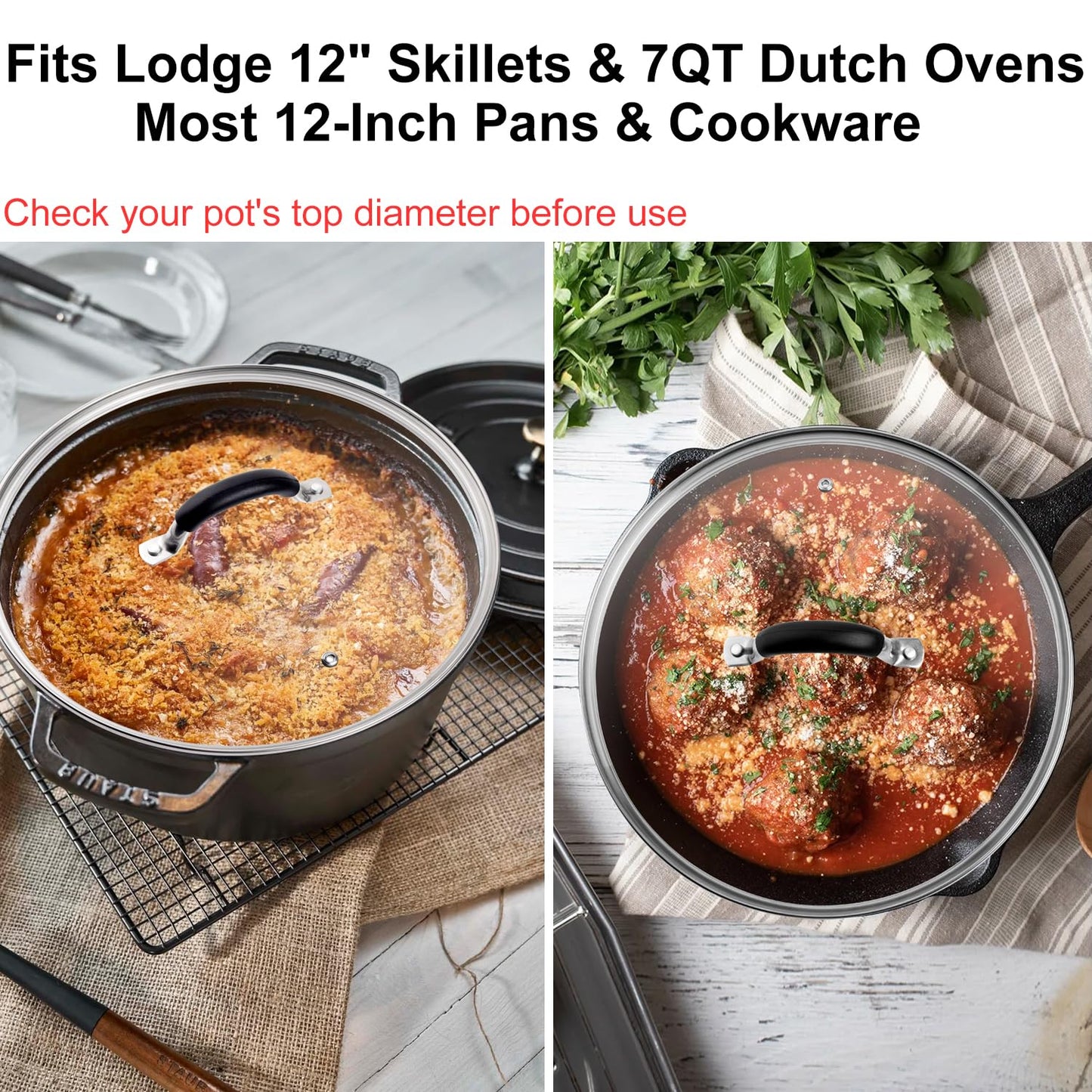 12 Inch Tempered Glass Lid for Lodge 12" Cast Iron Skillets & 7QT Dutch Ovens - Pre-Assembled Riveted Handle with Heat-Resistant Silicone Cover,Steam Vent Hole Design