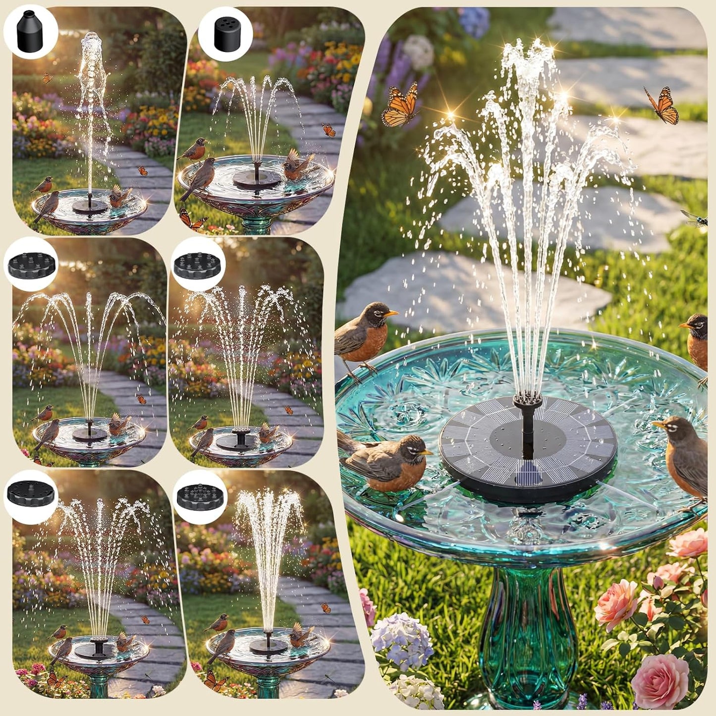 AISITIN Solar Bird Bath Fountain Pump - 2.5W Solar Powered Water Pump with 6 Nozzles | Ideal for Garden, Pond, Pool, and Aquarium
