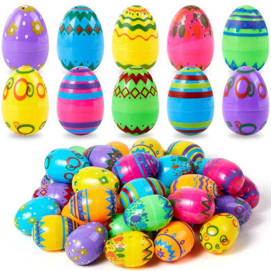 JOYIN 72PCS 2.3" Printed Empty Colorful Plastic Eggs Fillable, Bright Plastic Eggs Bulks for Festival Hunt, Filling Treats, Party Favor, Basket Stuffers, Classroom Prize Supplies