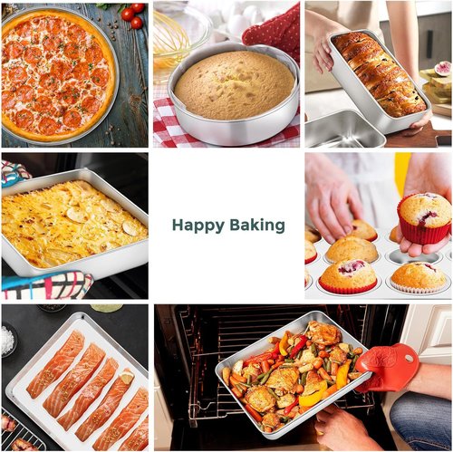 E-far 12-Piece Stainless Steel Bakeware Set - Multi-Functional Pans with Lids for Cakes, Muffins & Pizza