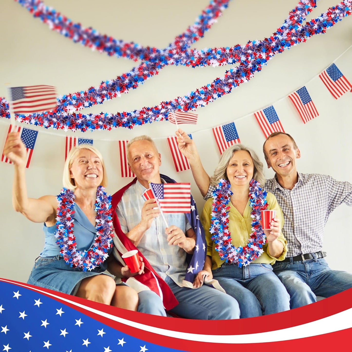 Regine Switzerland Patriotic Glitter Tinsel Garland - 52.5Ft Red, White & Blue Metallic Twist for 4th of July Decor
