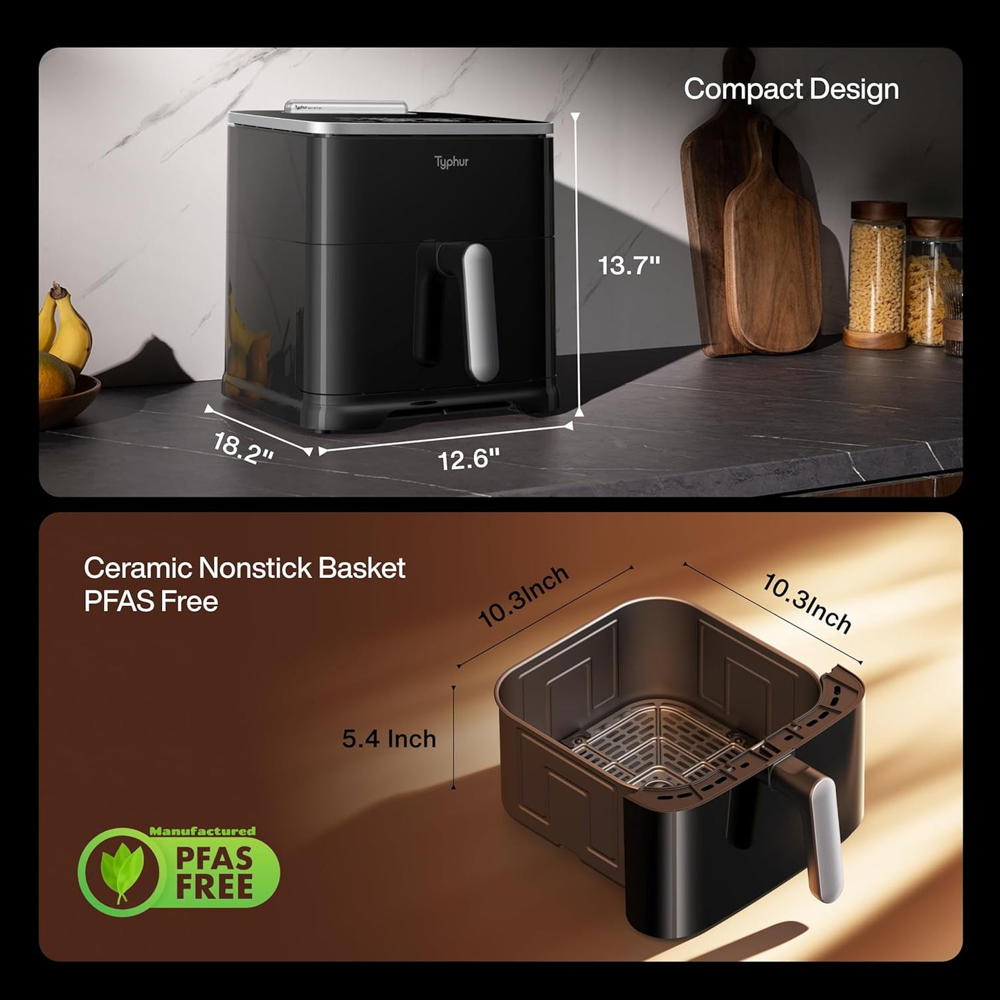 Typhur Sync 8QT AI Smart Air Fryer - 9-in-1 Non-Toxic Ceramic with Wireless Meat Thermometer | Cooks 6lb Chicken