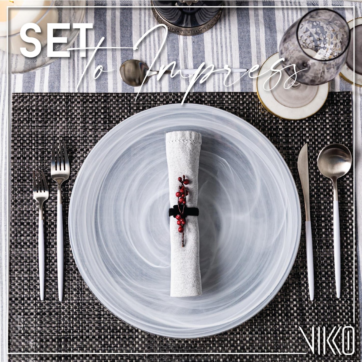 Vikko Charger Plates - Set of 6 Elegant White Alabaster Dinner Plates | 13" Marbled Swirl Design, Dishwasher Safe
