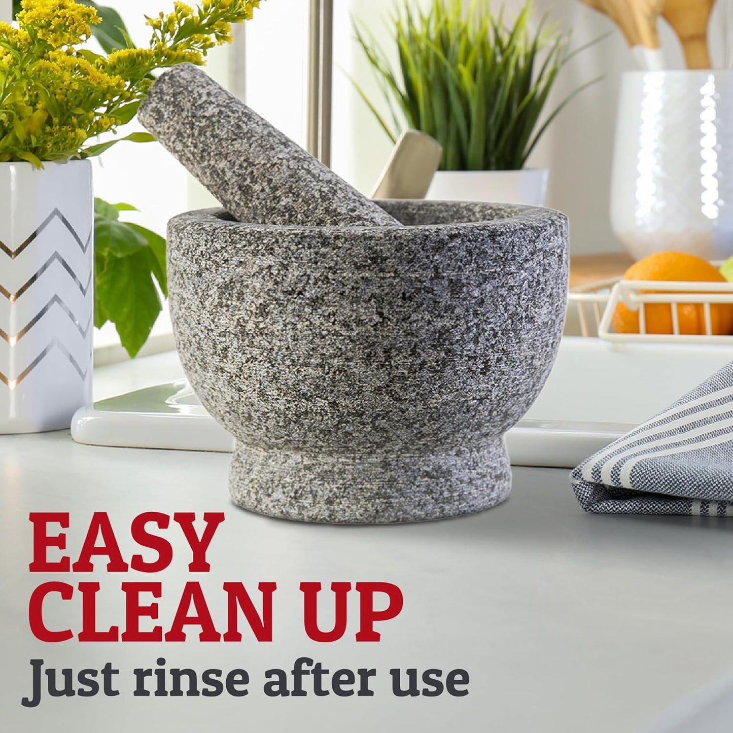 PriorityChef Large Mortar and Pestle Set - Heavy Duty Natural Granite for Fresh Guacamole | 2 Cup Unpolished Grey