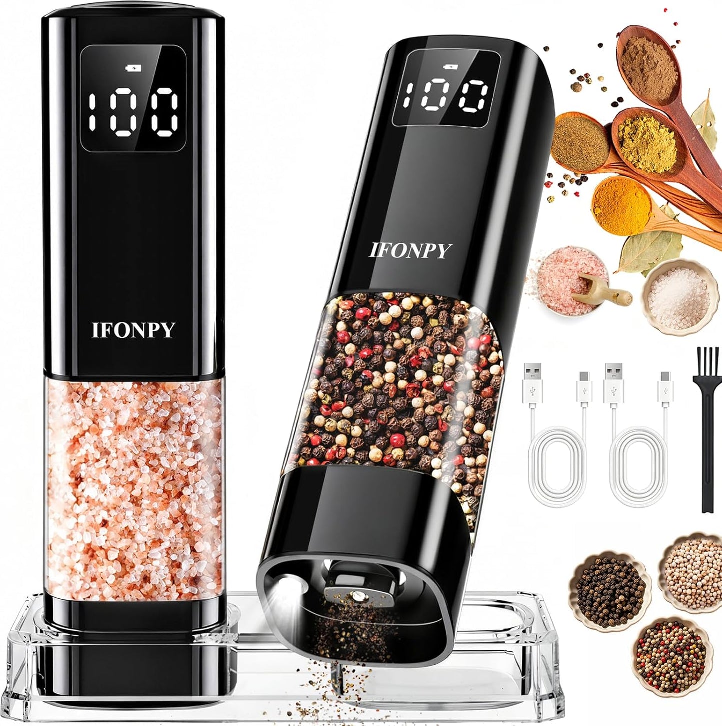 Skiennix Electric Salt and Pepper Grinder Set - Rechargeable with Digital Display & Adjustable Coarseness