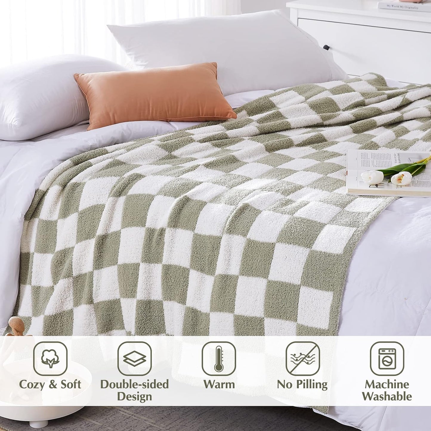 WRENSONGE Checkered Throw Blanket - Sage Green Cozy Soft Handmade Blanket for Couch & Travel