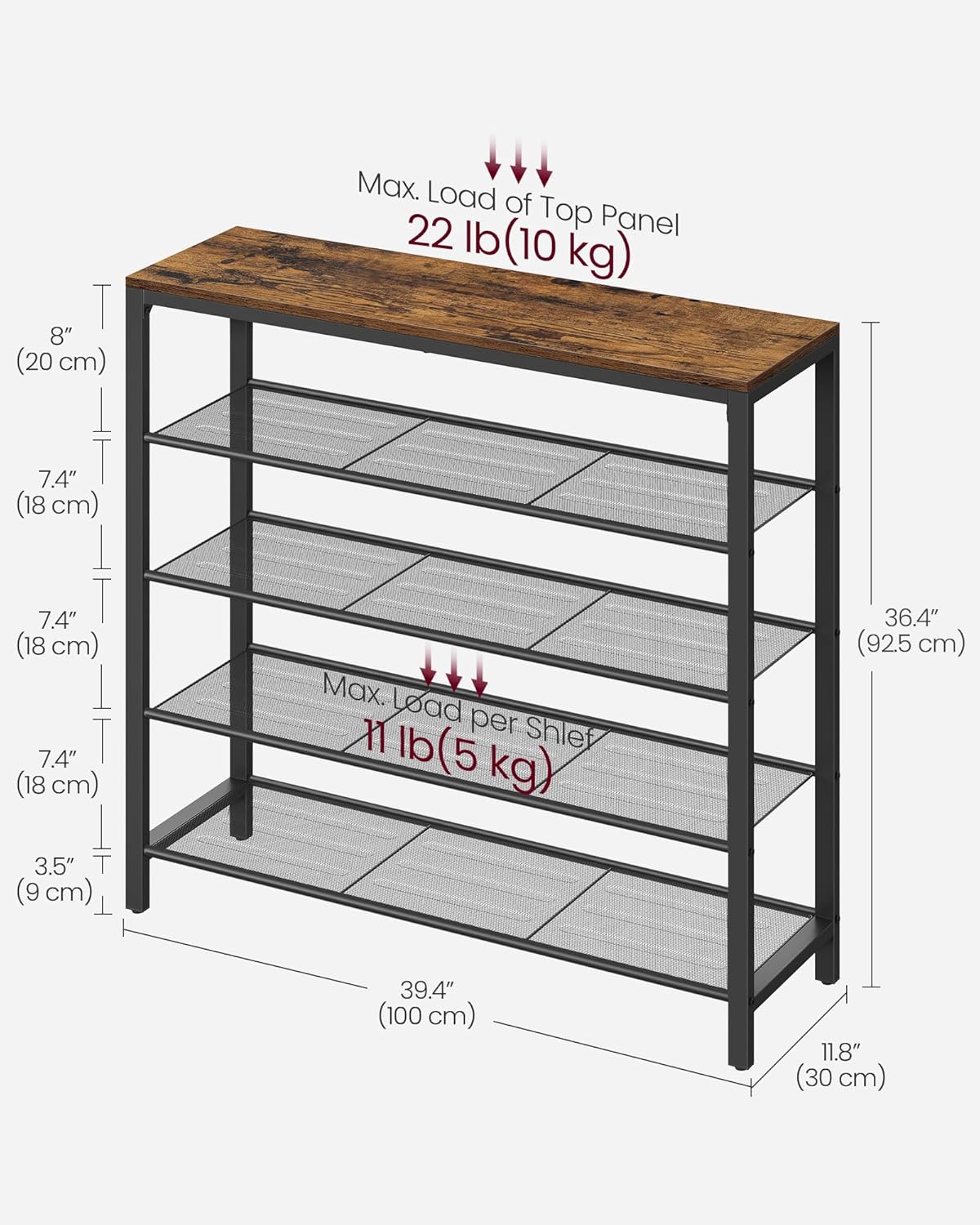VASAGLE Shoe Rack - 5-Tier Shoe Storage Organizer with Metal Mesh Shelves for 16-20 Pairs - Rustic Brown and Black