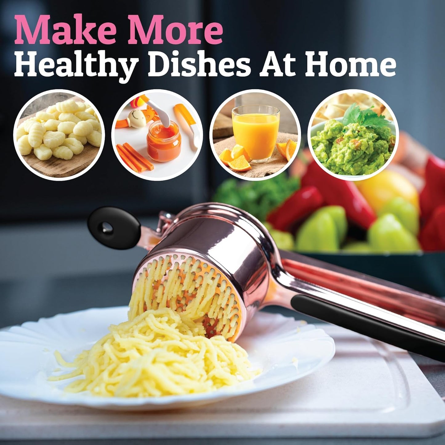 PriorityChef 15oz Potato Ricer - Heavy Duty Stainless Steel Masher for Perfect Mashed Potatoes | Rose Gold & Black