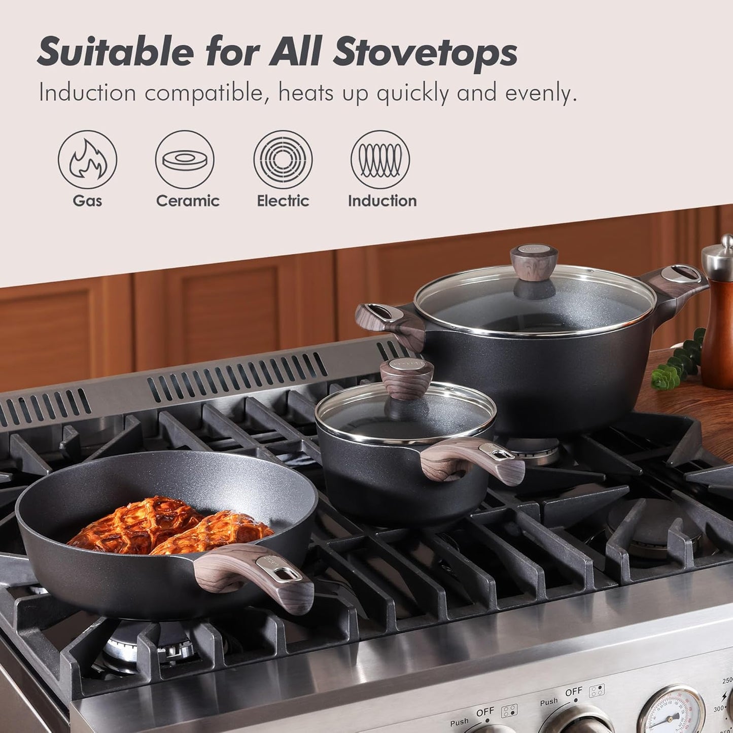 SENSARTE Non-Stick Cookware Set - 14-Piece Healthy Induction Pots and Pans | PFOA-Free, Black