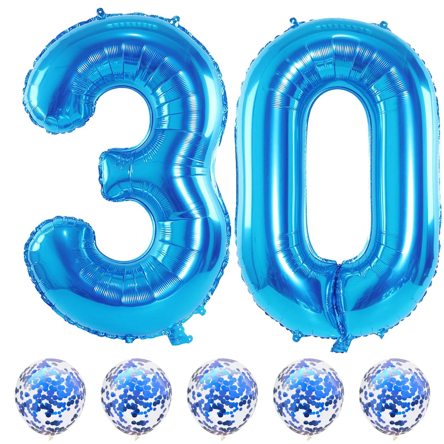 40 Inch Number 30 Foil Balloons, Large Blue 30th Birthday Digital Balloons with Blue Confetti Helium Balloons, Number 0 and 3 Helium Balloons Self Inflating for Men Women Anniversary Party Decorations