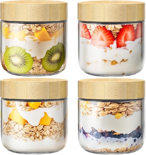 4 Pack Glass Overnight Oats Containers by [Brand Name] - Airtight Bamboo Lids | Meal Prep Jars for Yogurt & Snacks