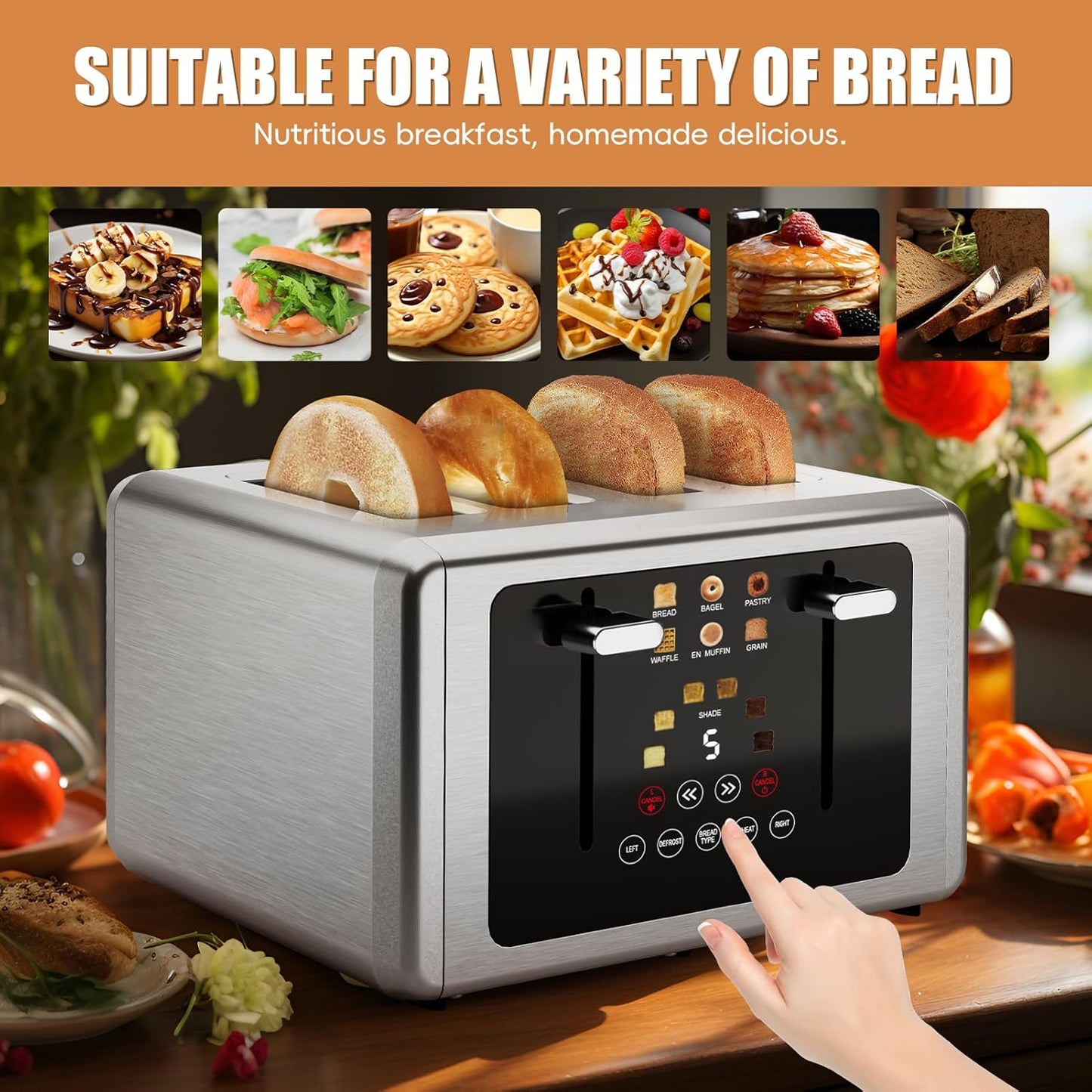 Skiennix 4-Slice Toaster - Touchscreen Control, 5 Functions & 6 Shade Settings | Stainless Steel Design