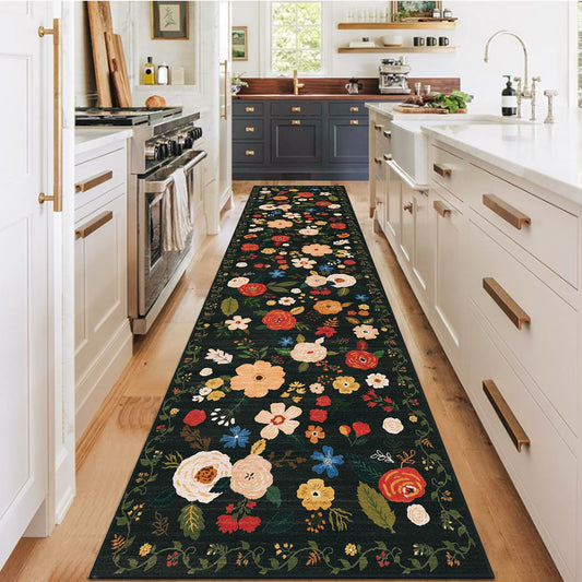 U'Artlines 2'6" x 10' Boho Runner Rug for Hallways Kitchen Colorful Floral Soft Non Slip Washable Floor Carpet Runners for Entryway Laundry Room Bathroom Green