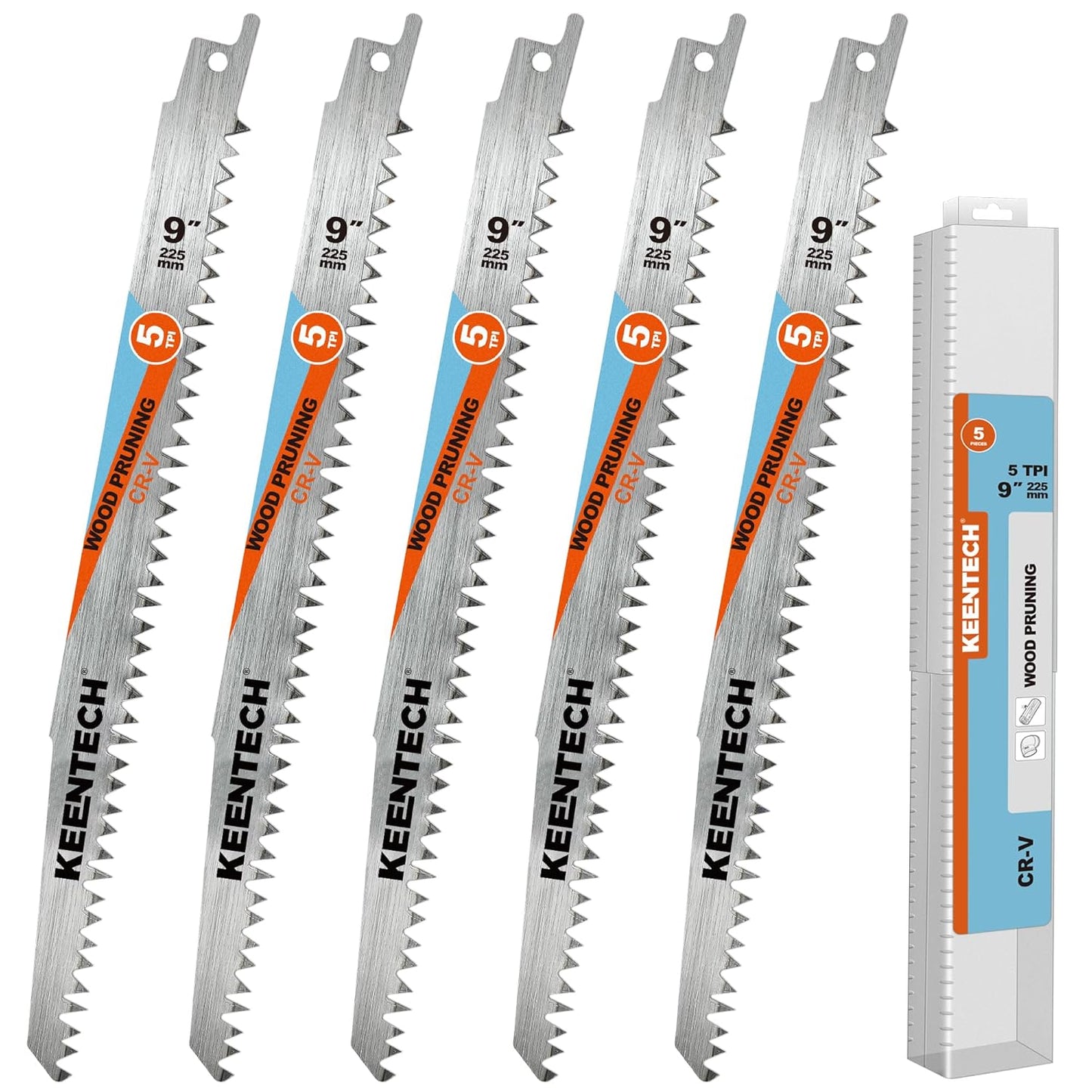 KEENTECH 9-Inch Cr-V Reciprocating Saw Blades - 5-Pack for Wood Cutting & Tree Pruning | 5 TPI Fleam Ground Teeth