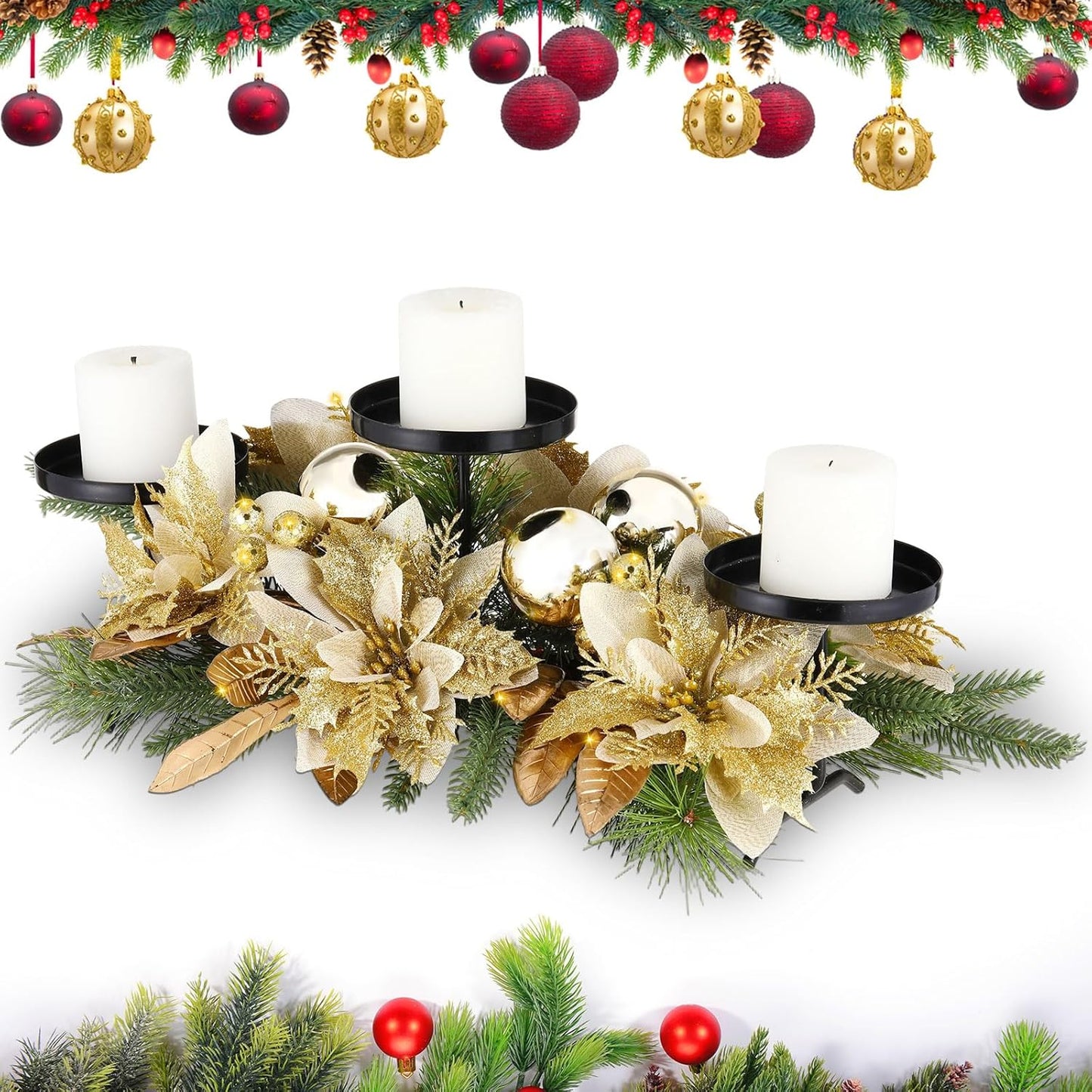 Regine Switzerland Christmas Table Centerpiece - 3 Candle Holders with Gold Poinsettia & Pinecones