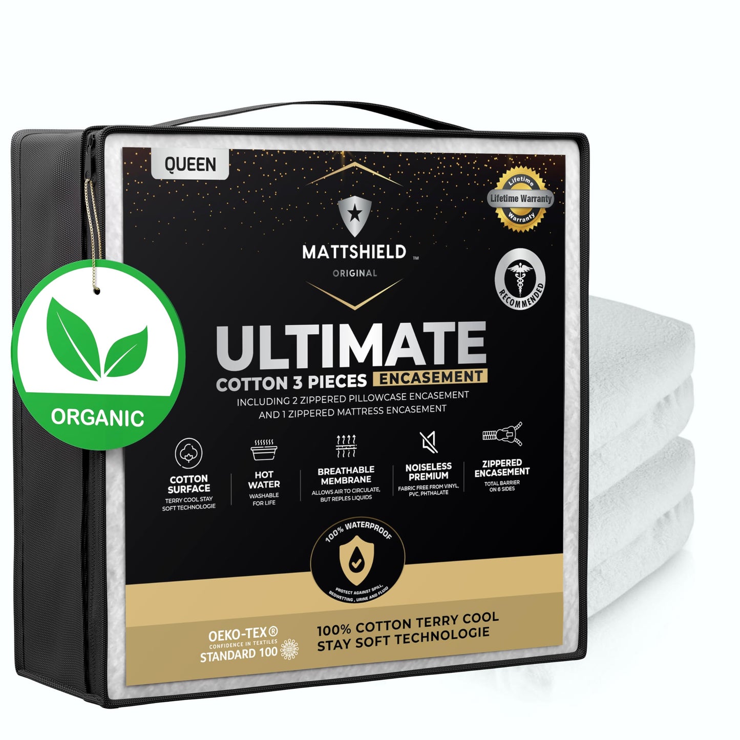 MATTSHIELD Ultimate Sensitive Skin 3-Piece Kit – Queen Size Bed Bug Mattress Protector + 2 Zippered Pillow Covers – Organic Cotton Terry Top – Waterproof 6-Sided Encasement, Soft & Breathable