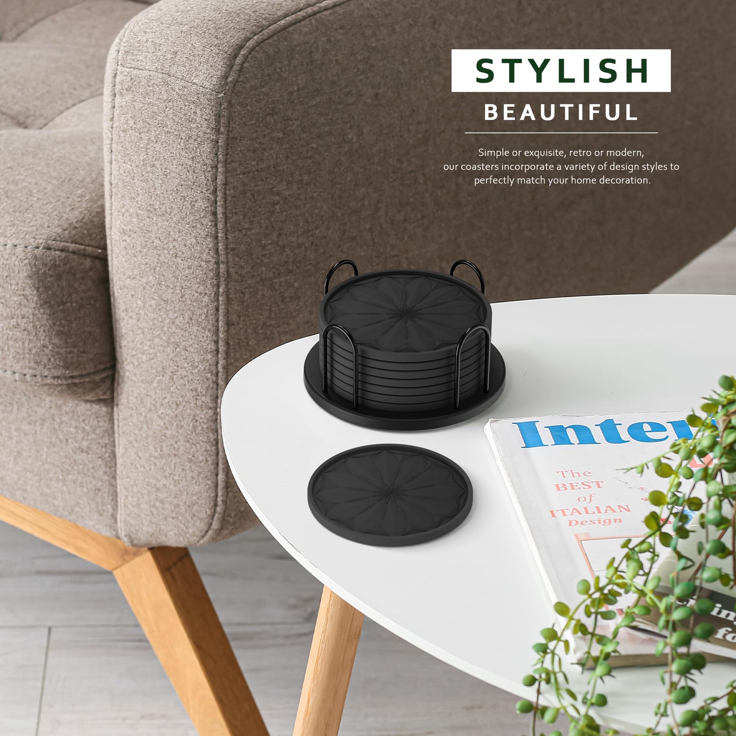 Lazebox Coasters Set of 8 for Drinks with Holder, 4" Large Silicone Coasters for Coffee Table, Deep Tray Non-Slip Drink Coasters for Table Protection, Heat Resistant & Dishwasher Safe, Black