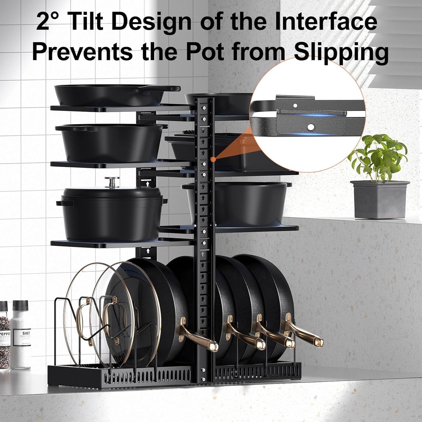 LAMU Pots and Pans Organizer - Expandable Under Cabinet Storage with 6 Adjustable Tiers | Holds 12 Cast Iron Cookware, Black
