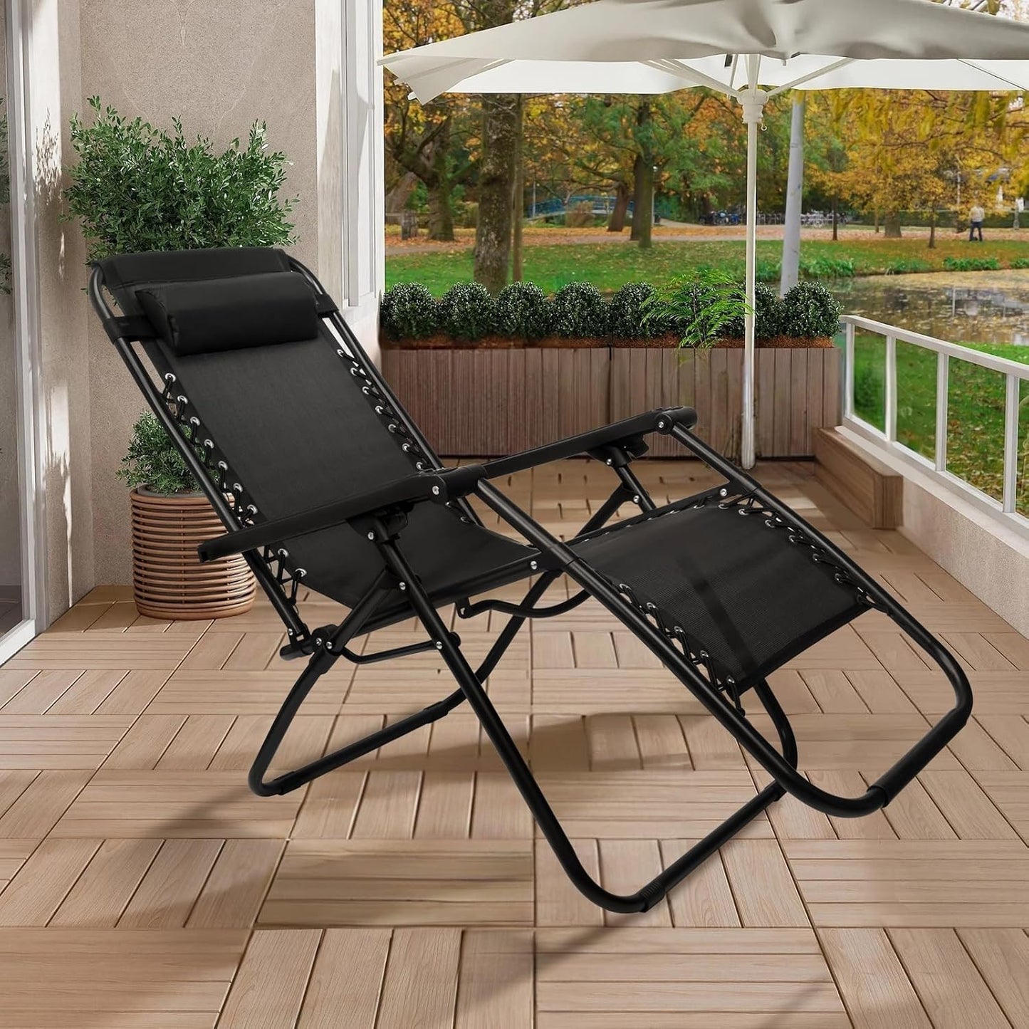 SZHLUX Adjustable Steel Mesh Zero Gravity Lounge Chair Set - 2 Recliners with Pillows & Cup Holders