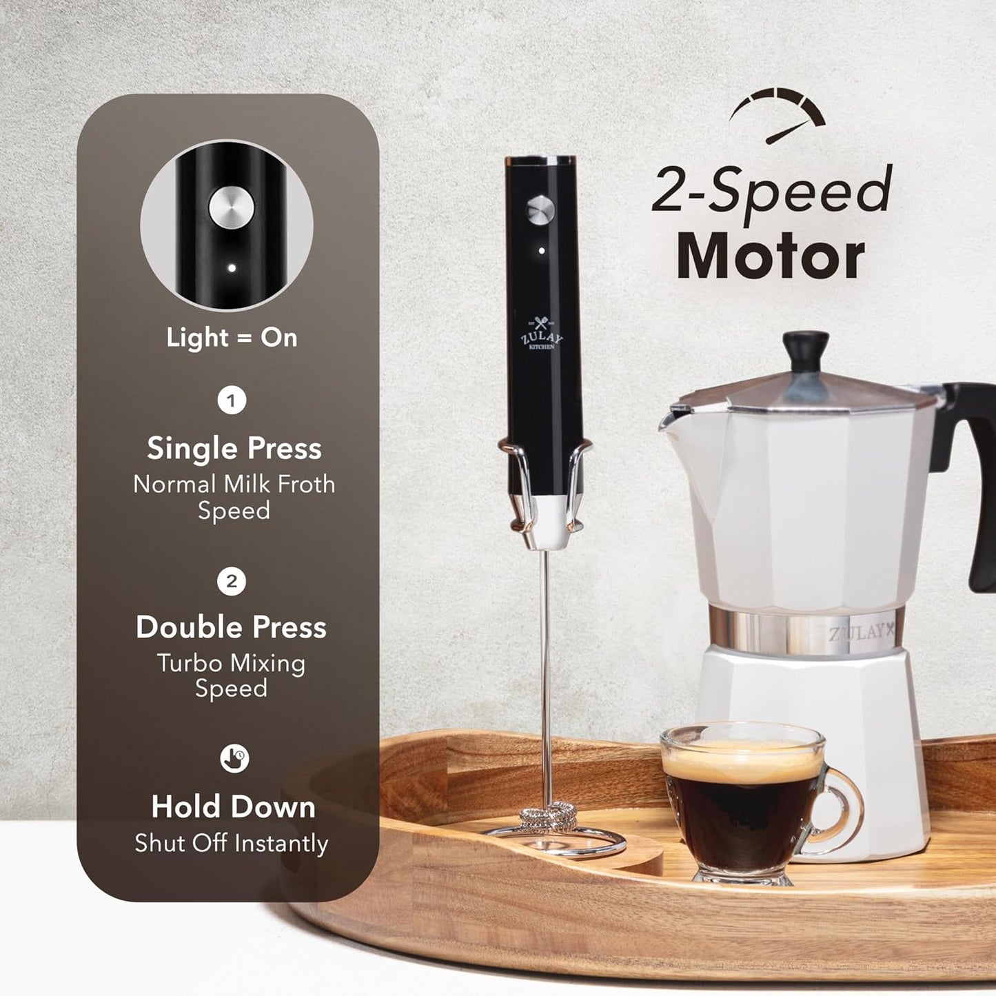 Zulay Kitchen Rechargeable Milk Frother - Powerful 2-Speed Motor, 2000mAh Battery - Jet Black Drink Mixer for Latte & Cappuccino