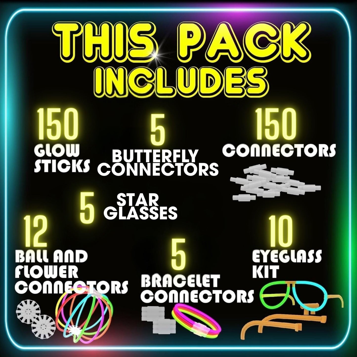 PartySticks Ultra Bright Bulk Party Supplies 367 Piece Glow in The Dark 150 Glow Sticks with Eye Glasses, Bracelets, and Connectors - Light Up Halloween Party Favors